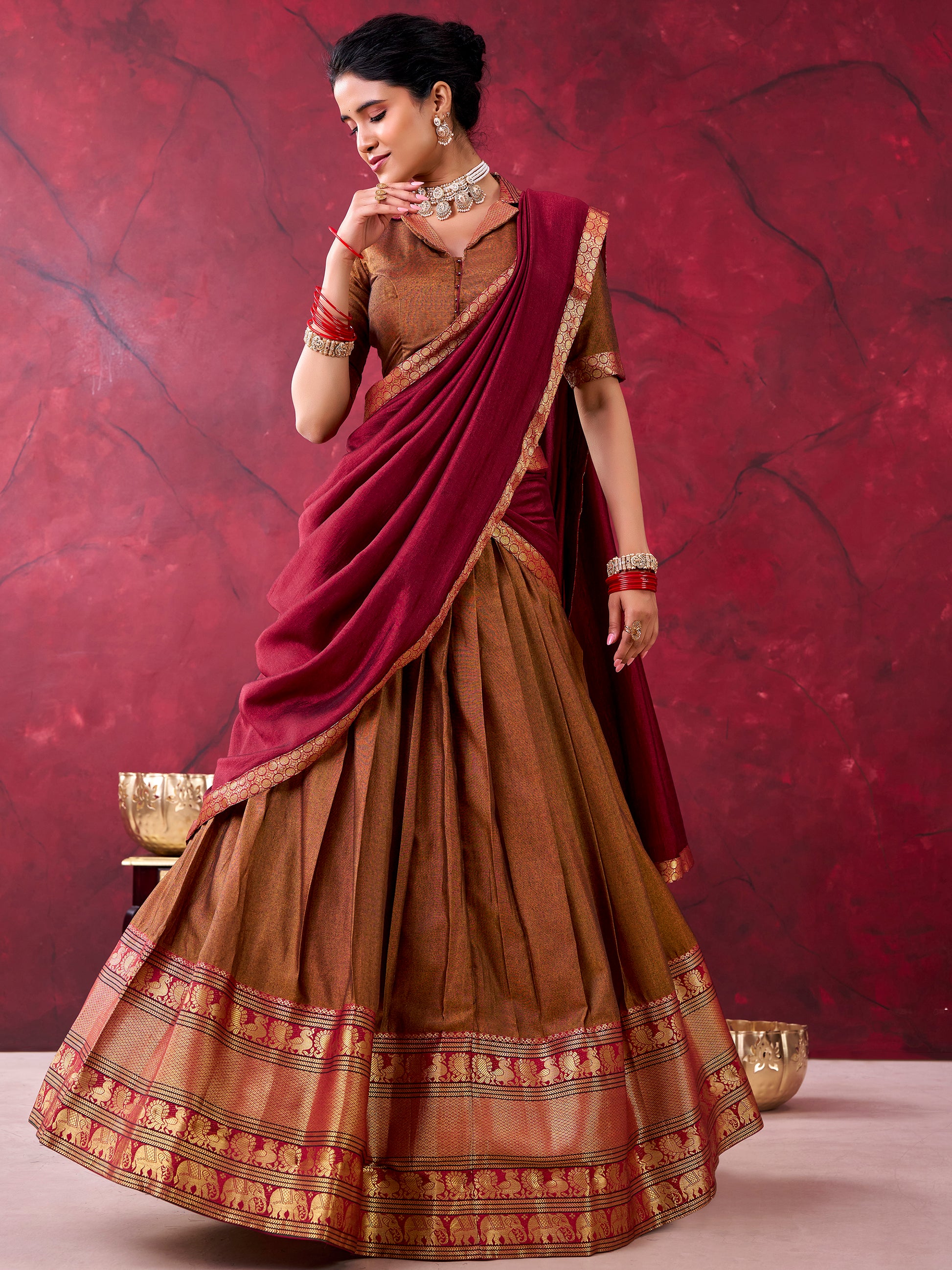 Marvelous Brown Zari Weaving Cotton Festival Wear Half Saree Lehenga