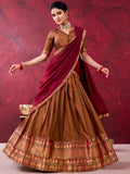 Marvelous Brown Zari Weaving Cotton Festival Wear Half Saree Lehenga