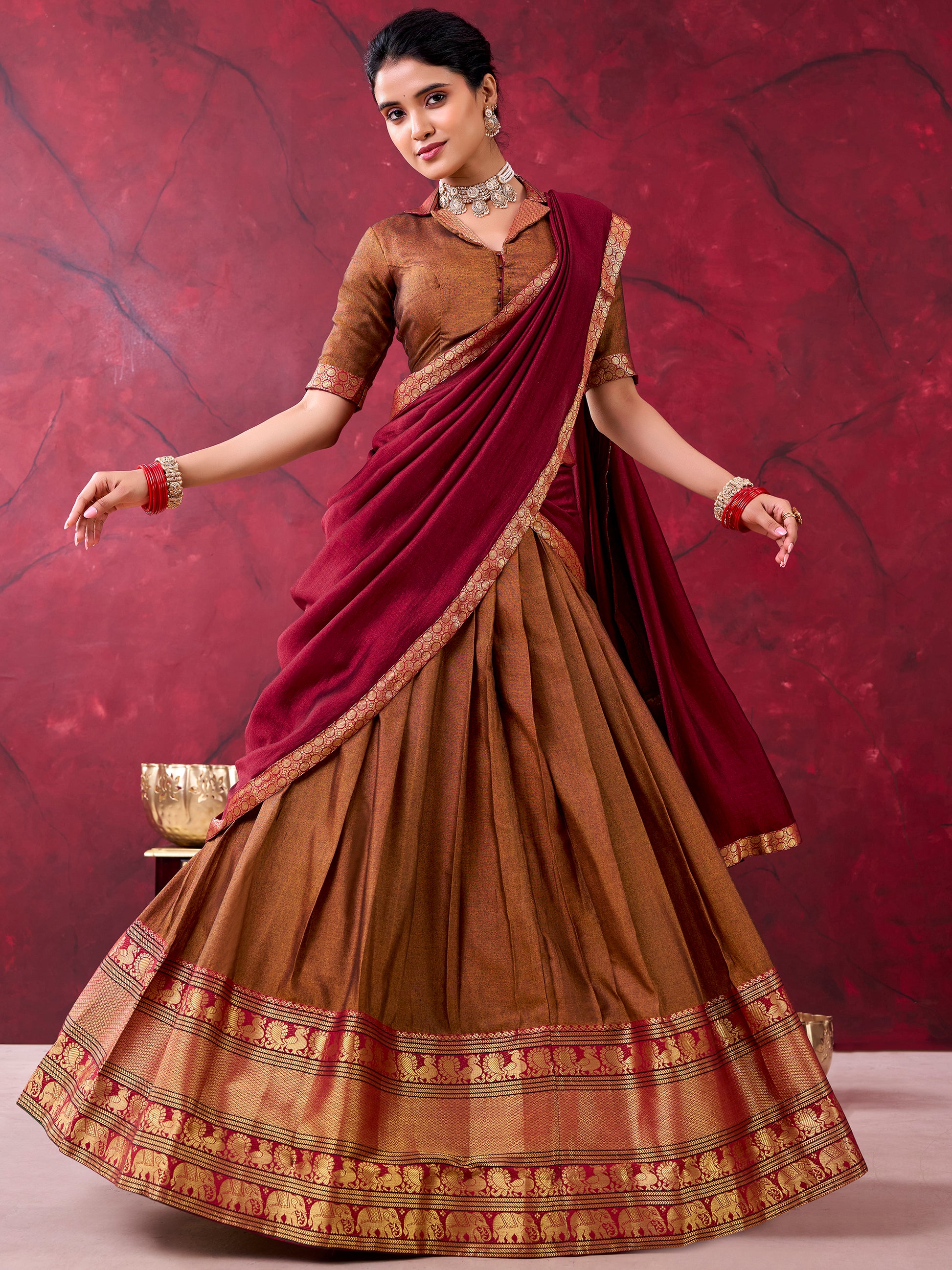 Marvelous Brown Zari Weaving Cotton Festival Wear Half Saree Lehenga