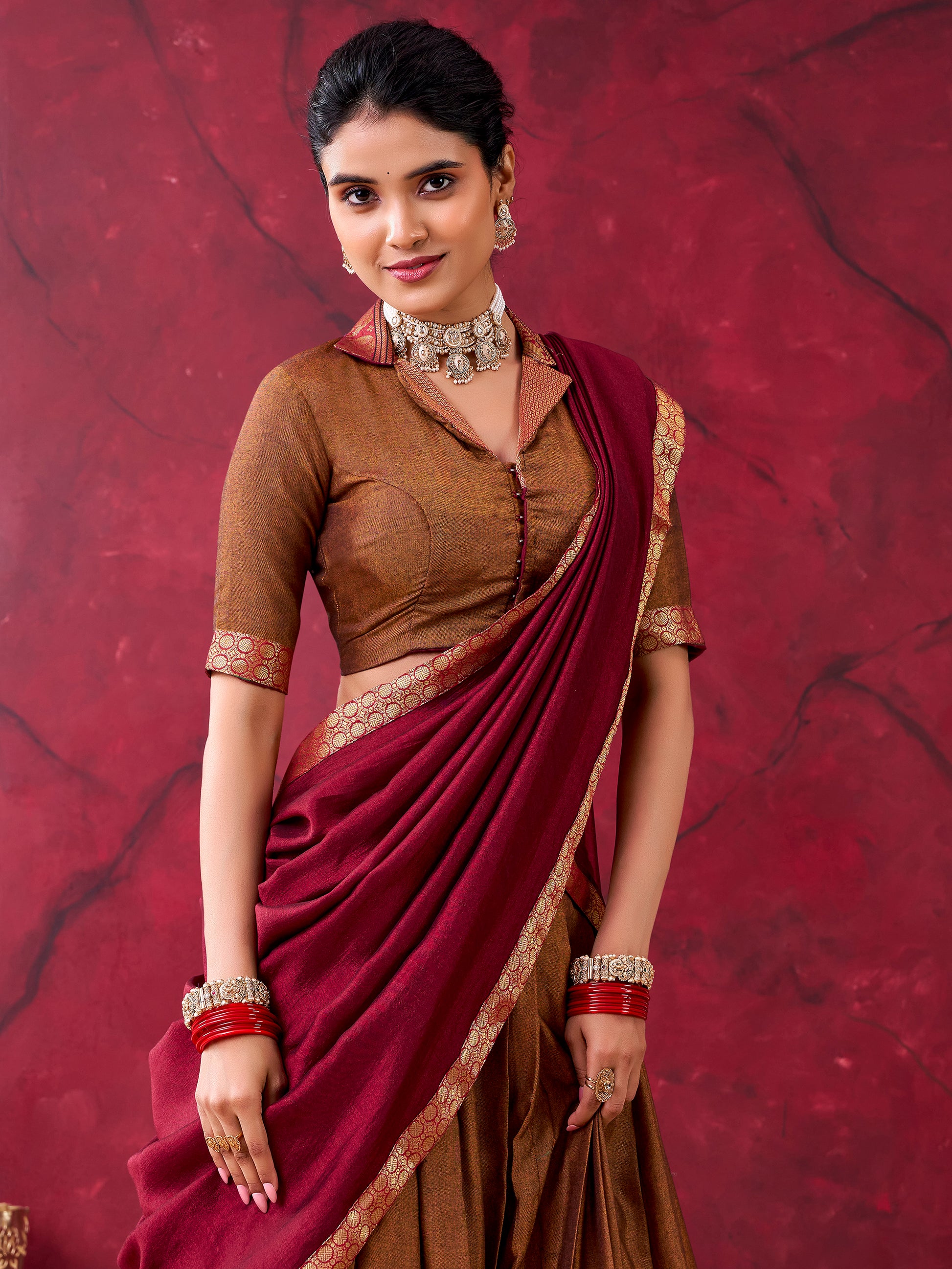 Marvelous Brown Zari Weaving Cotton Festival Wear Half Saree Lehenga