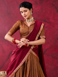Marvelous Brown Zari Weaving Cotton Festival Wear Half Saree Lehenga