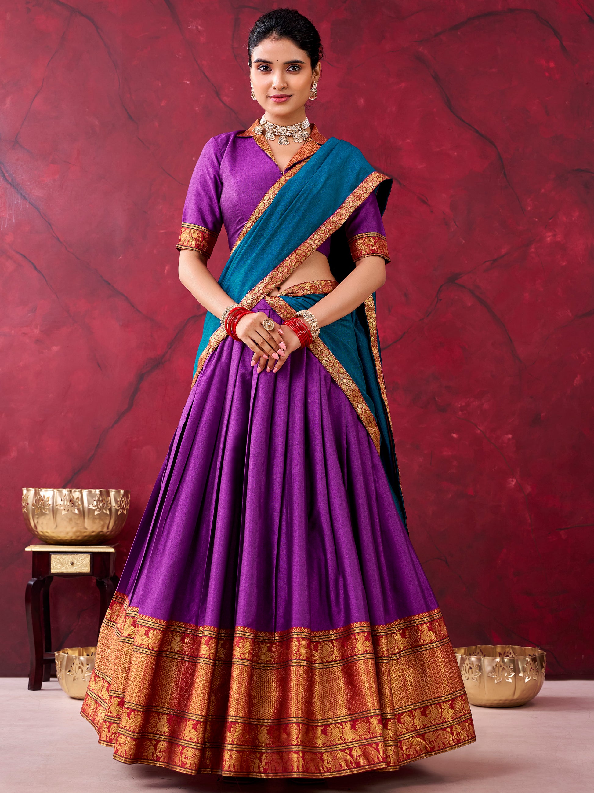 Precious Purple Zari Weaving Cotton Traditional Half Saree Lehenga