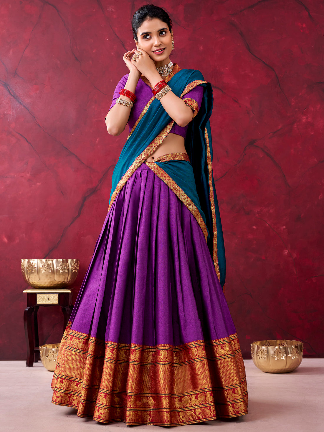 Precious Purple Zari Weaving Cotton Traditional Half Saree Lehenga