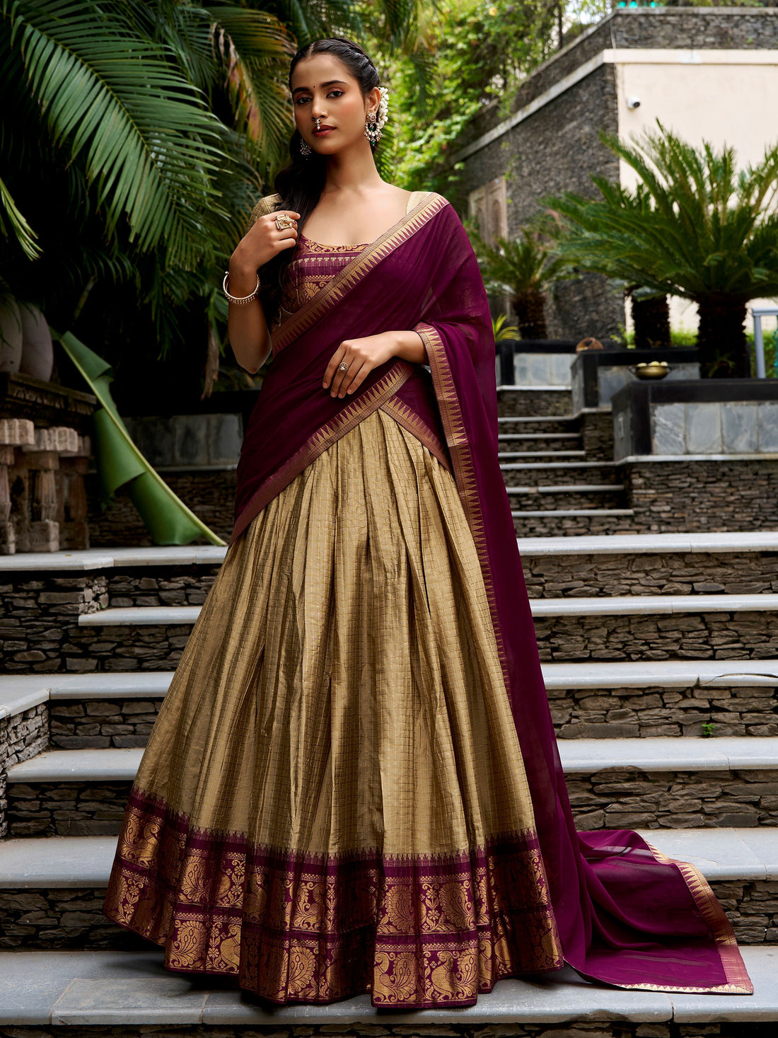 Classic Golden Zari Woven Cotton Festive Wear Half Saree Lehenga