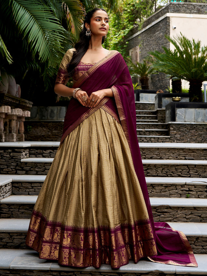 Classic Golden Zari Woven Cotton Festive Wear Half Saree Lehenga