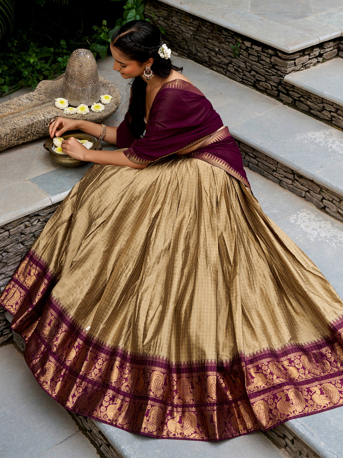 Classic Golden Zari Woven Cotton Festive Wear Half Saree Lehenga