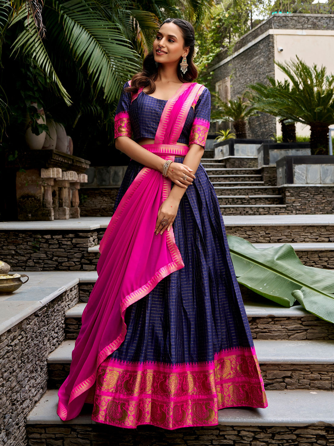 Royal Navy Blue Zari Woven Cotton Festive Wear Half Saree Lehenga