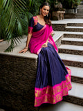 Royal Navy Blue Zari Woven Cotton Festive Wear Half Saree Lehenga
