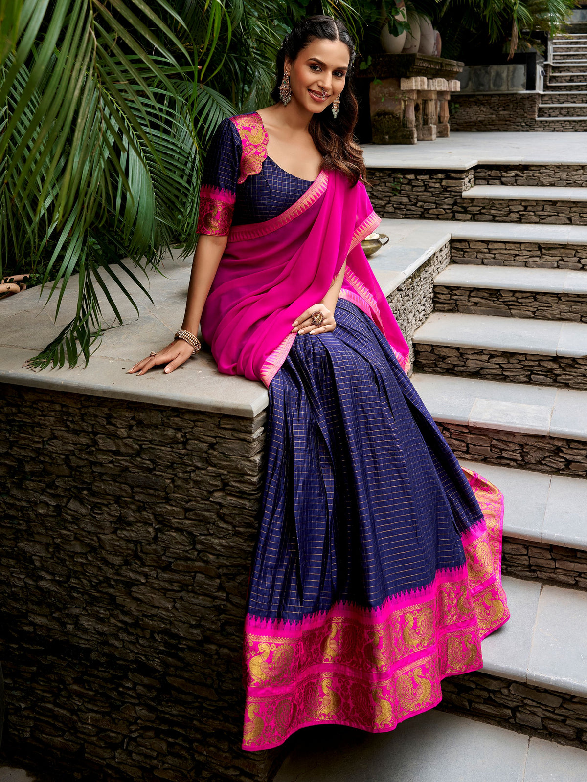 Royal Navy Blue Zari Woven Cotton Festive Wear Half Saree Lehenga