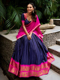 Royal Navy Blue Zari Woven Cotton Festive Wear Half Saree Lehenga