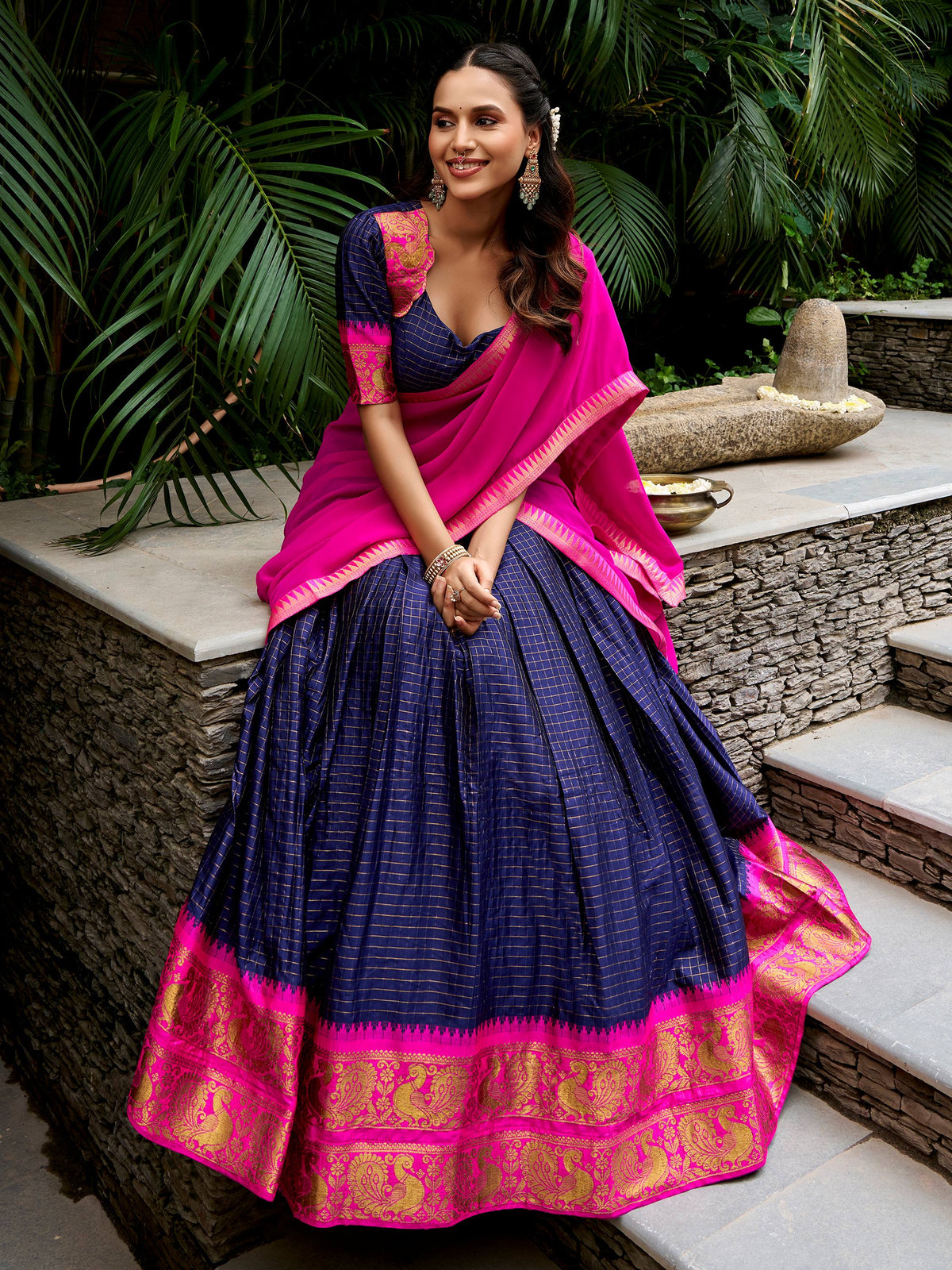Royal Navy Blue Zari Woven Cotton Festive Wear Half Saree Lehenga