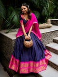 Royal Navy Blue Zari Woven Cotton Festive Wear Half Saree Lehenga