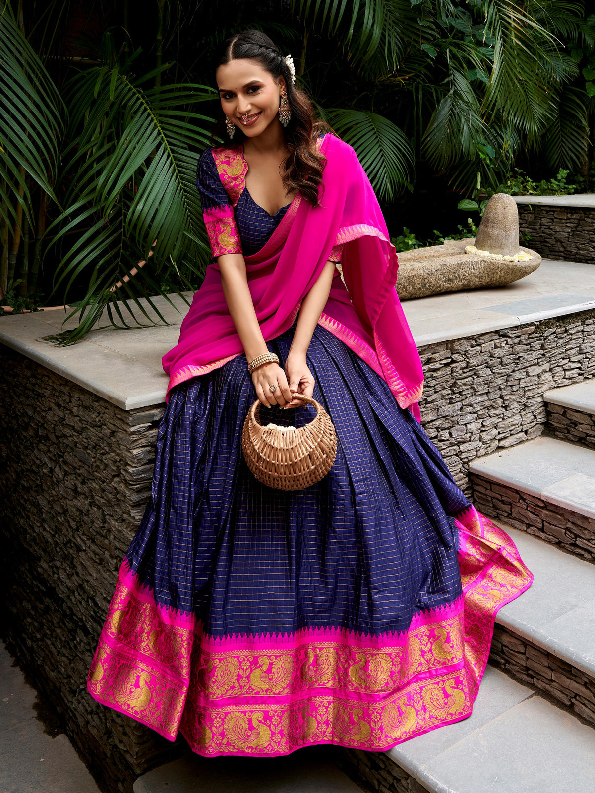 Royal Navy Blue Zari Woven Cotton Festive Wear Half Saree Lehenga