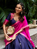 Royal Navy Blue Zari Woven Cotton Festive Wear Half Saree Lehenga