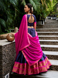 Royal Navy Blue Zari Woven Cotton Festive Wear Half Saree Lehenga
