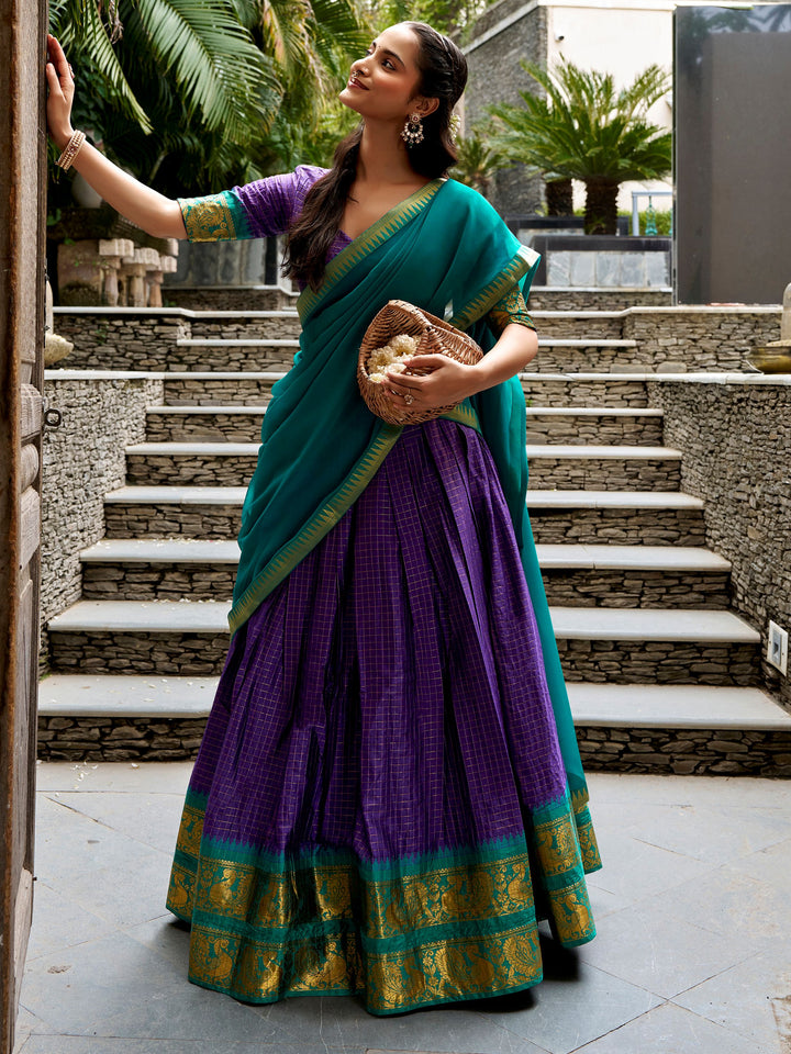 Charming Purple Zari Woven Cotton Festive Wear Half Saree Lehenga