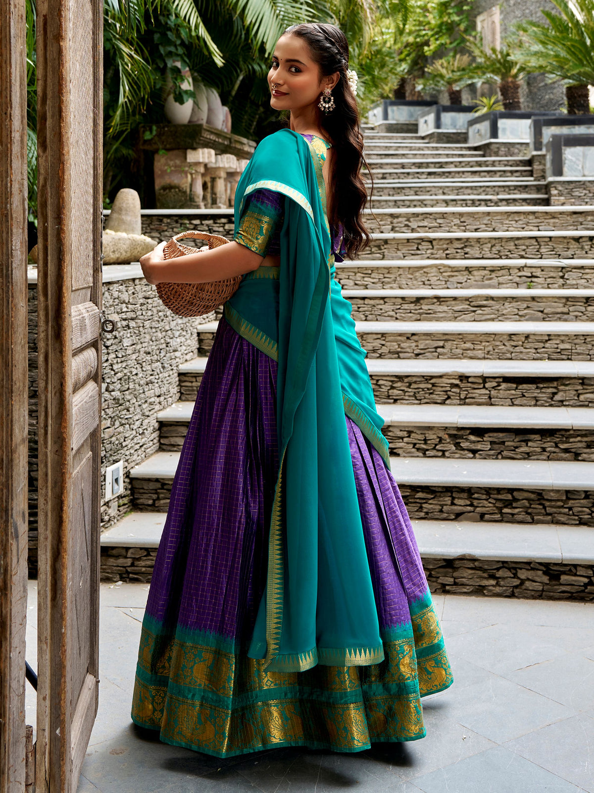 Charming Purple Zari Woven Cotton Festive Wear Half Saree Lehenga
