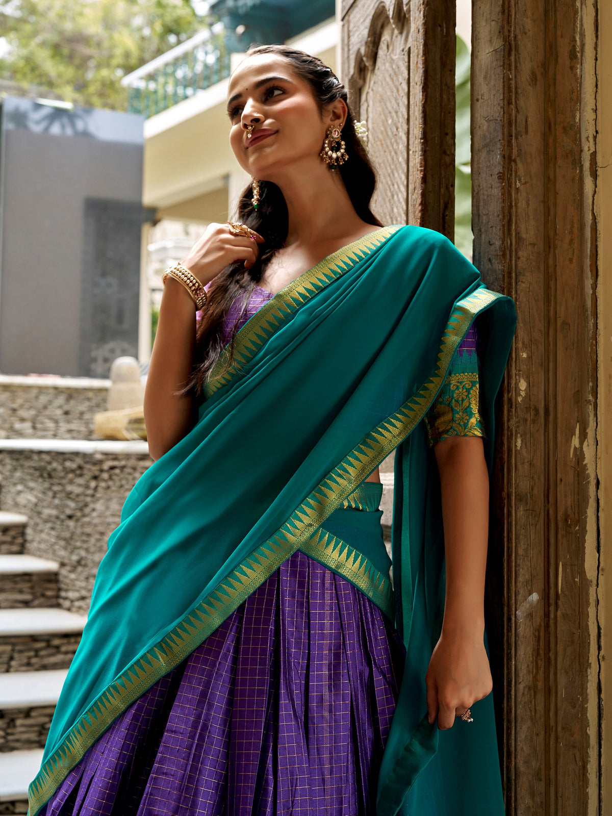Charming Purple Zari Woven Cotton Festive Wear Half Saree Lehenga