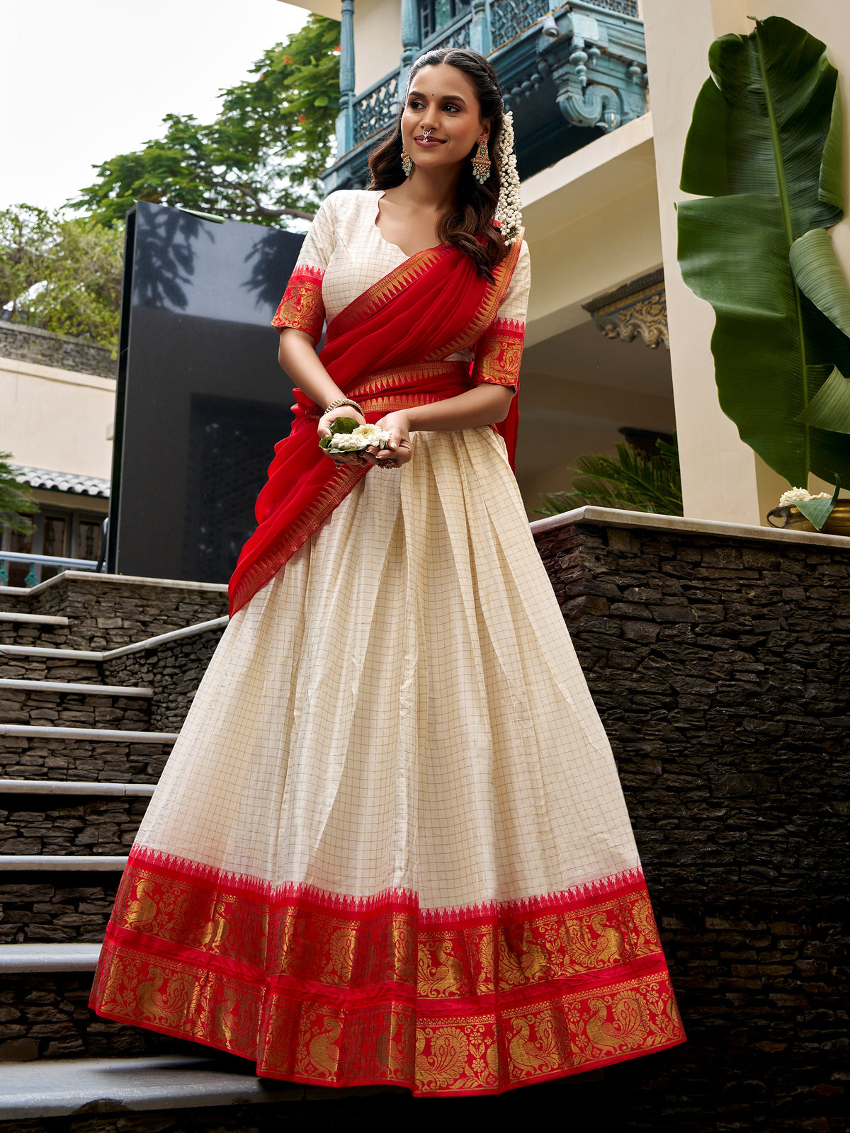 Alluring White Zari Weaving Cotton Festival Wear Lehenga Choli