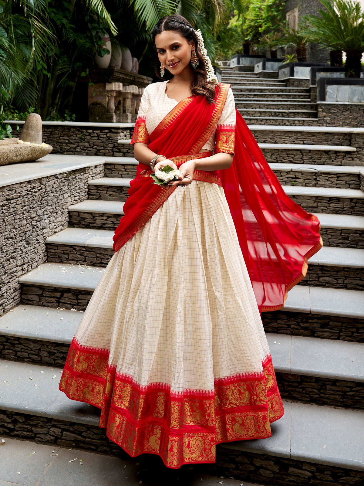 Alluring White Zari Weaving Cotton Festival Wear Lehenga Choli