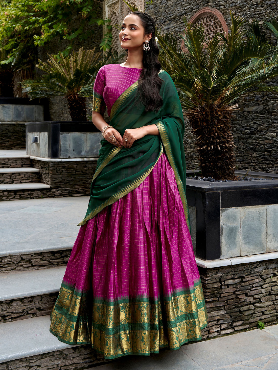 Dazzling Magenta Zari Weaving Cotton Festival Wear Lehenga Choli