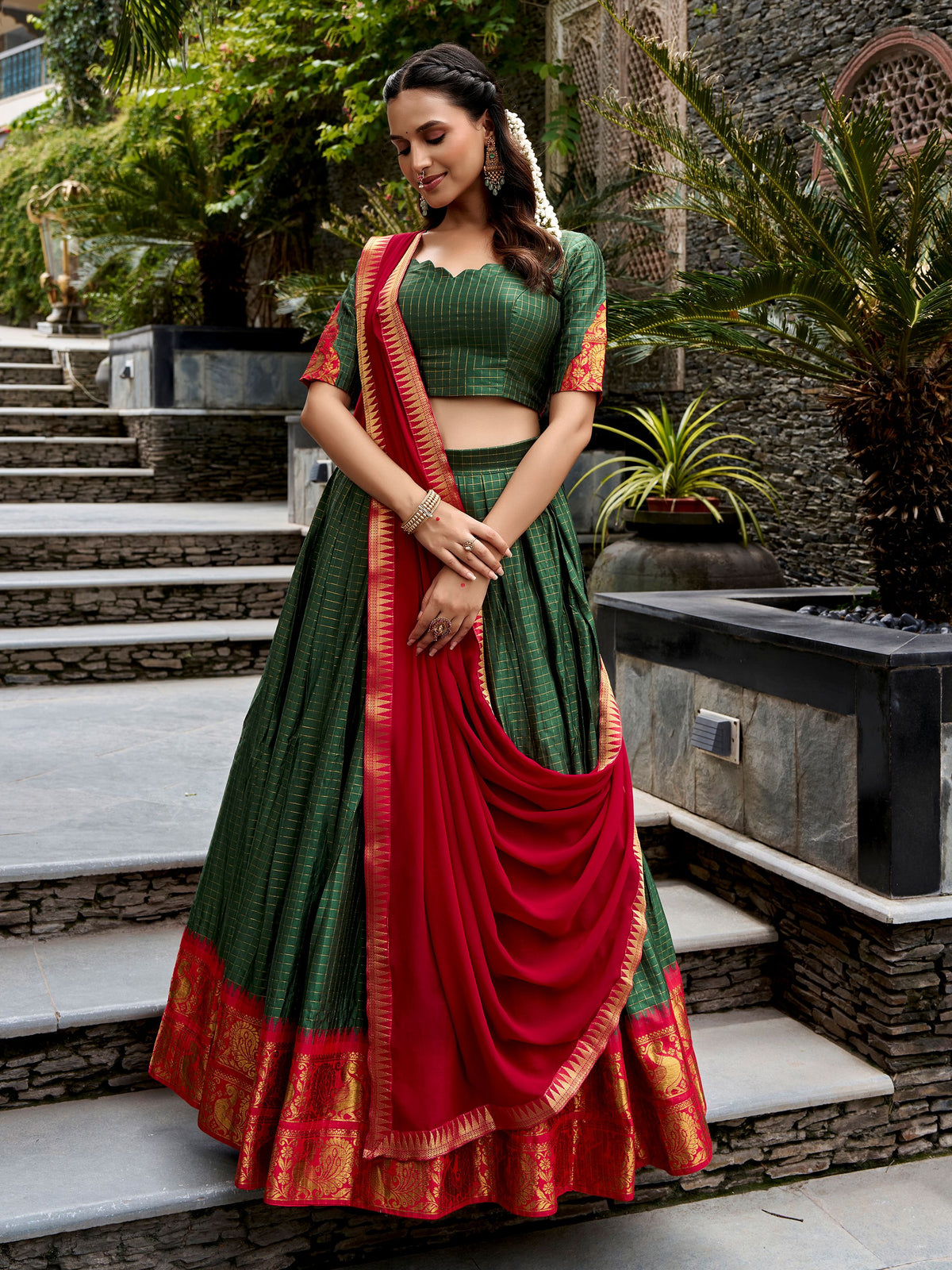 Gorgeous Green Zari Weaving Cotton Festival Wear Lehenga Choli
