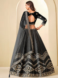 Dazzling Black Embroidered Velvet Wedding Wear Lehenga Choli With Dupatta