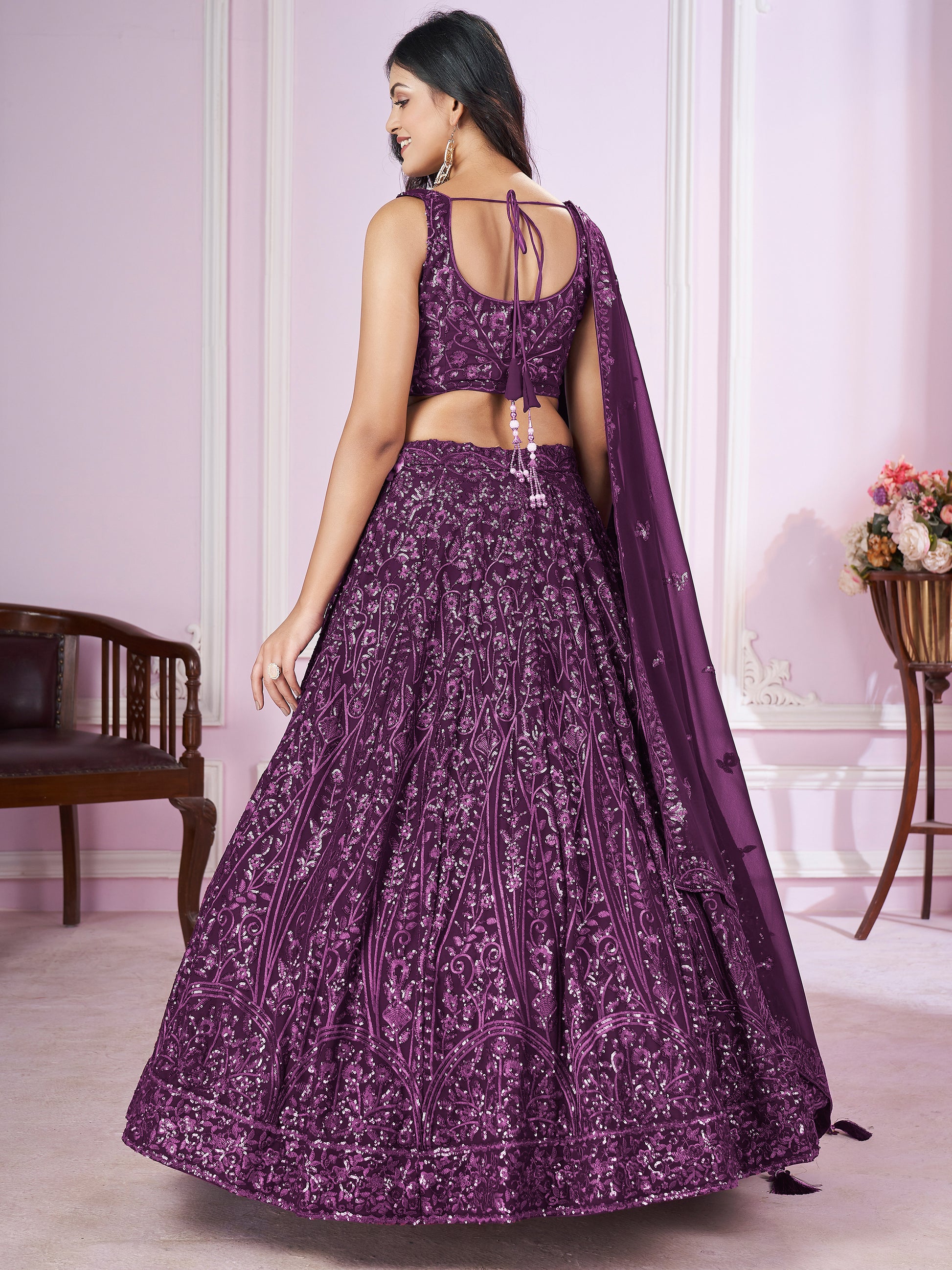 Beautiful Purple Sequins Georgette Wedding Lehenga Choli With Dupatta