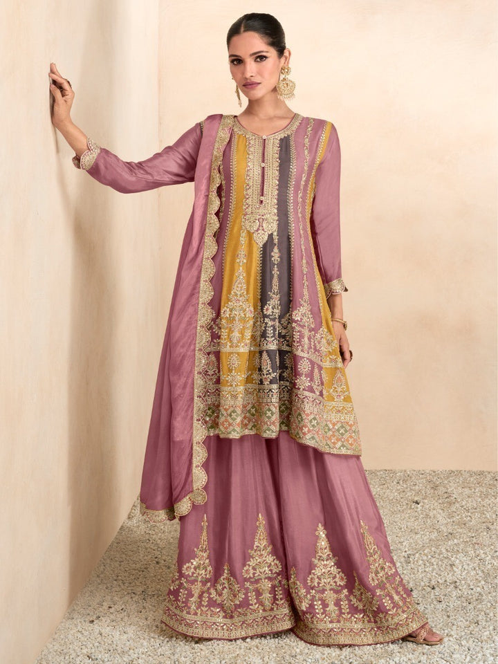 Alluring Multi-Color Embroidered Chinon Festive Wear Palazzo Suits
