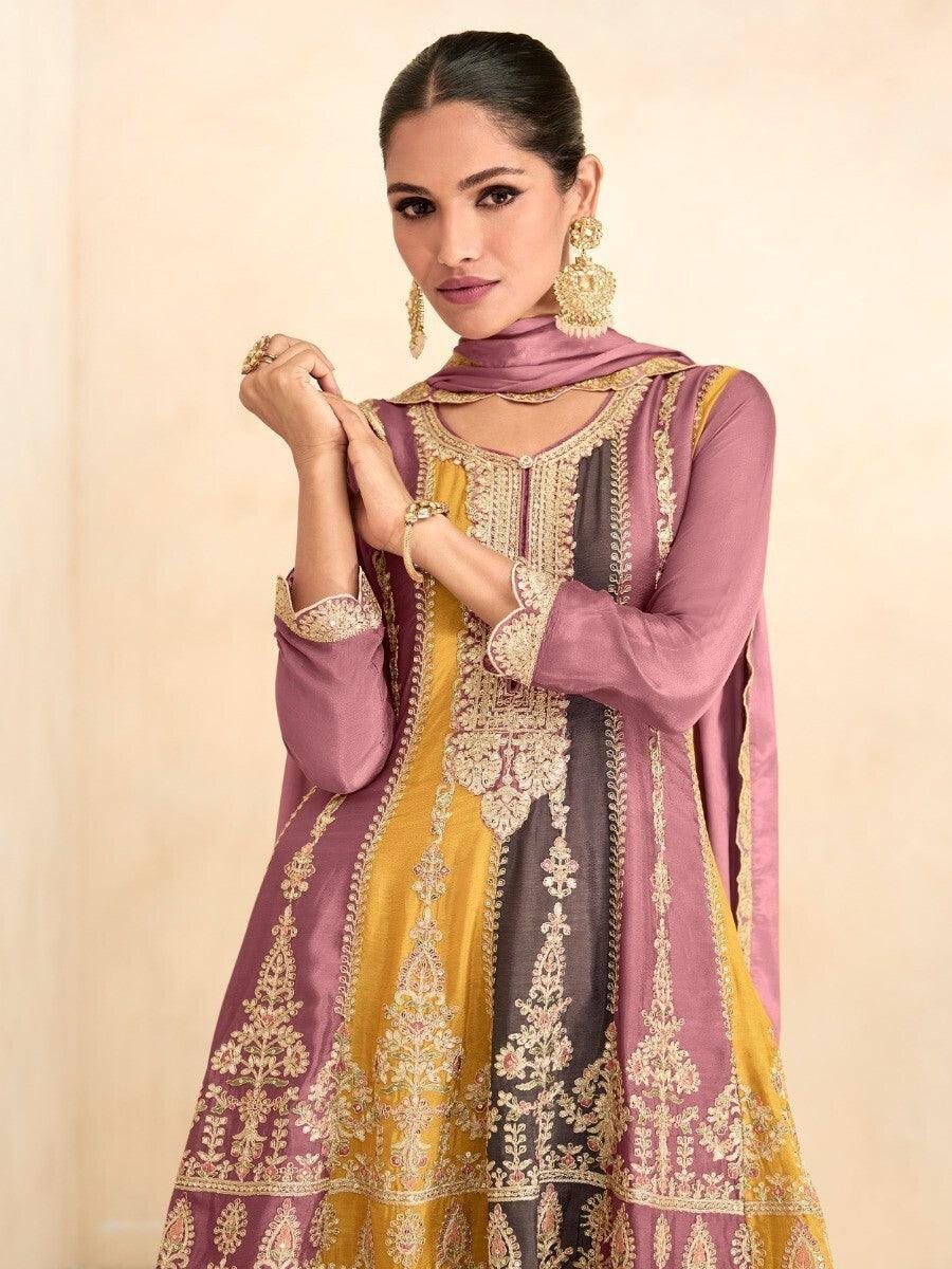Alluring Multi-Color Embroidered Chinon Festive Wear Palazzo Suits