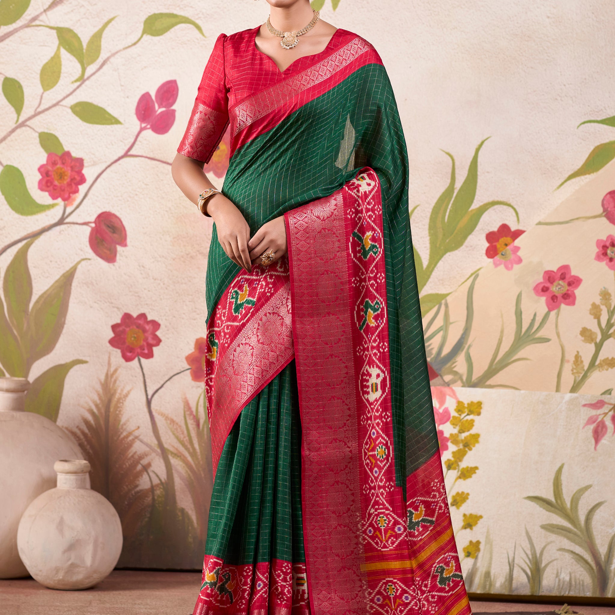 Fascinating Green Patola Printed Tussar Silk Festival Wear Saree