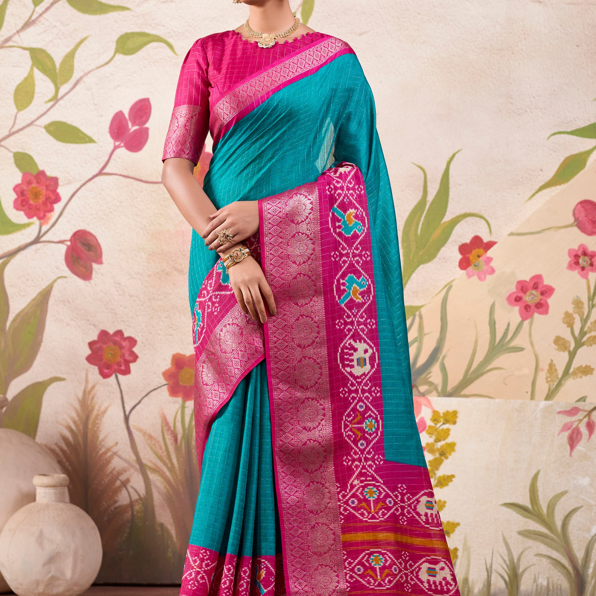 Attractive Blue Patola Printed Tussar Silk Traditional Saree With Blouse