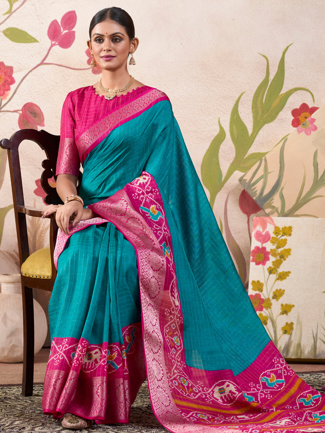 Attractive Blue Patola Printed Tussar Silk Traditional Saree With Blouse