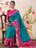 Attractive Blue Patola Printed Tussar Silk Traditional Saree With Blouse