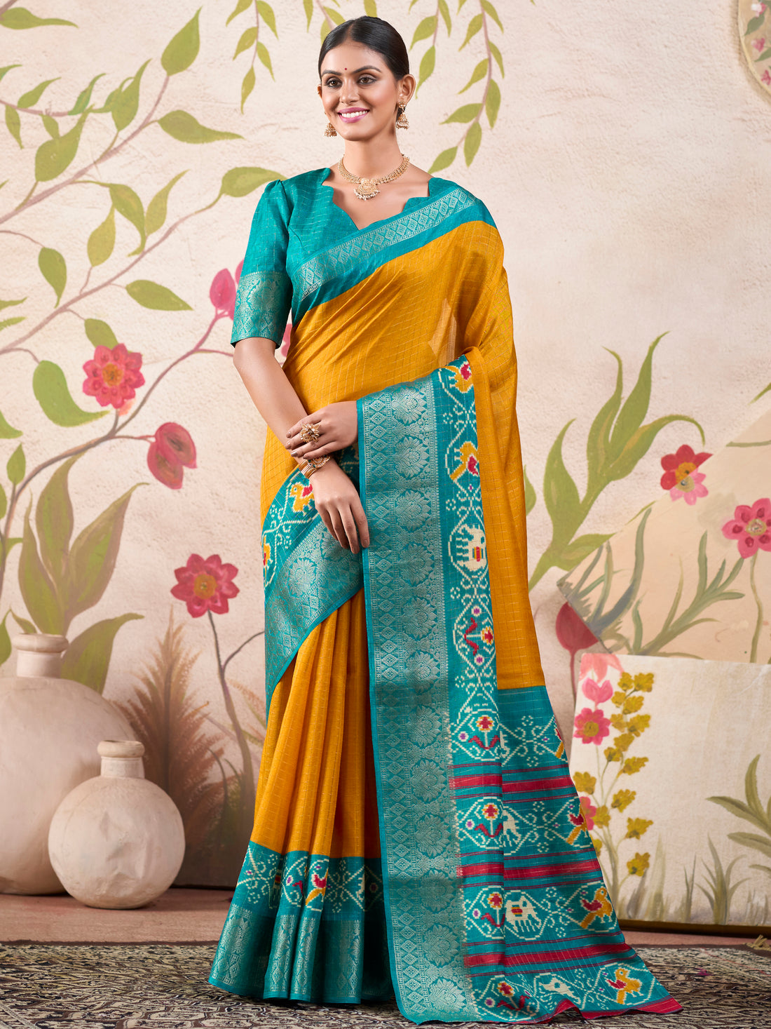 Glamorous Mustard Yellow Patola Printed Tussar Silk Saree With Blouse