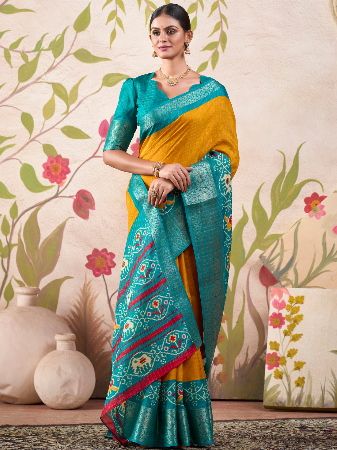 Glamorous Mustard Yellow Patola Printed Tussar Silk Saree With Blouse