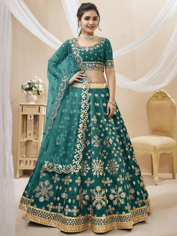 Dazzling Teal Green Embroidered Work Art Silk Bridesmaid Lehenga Choli