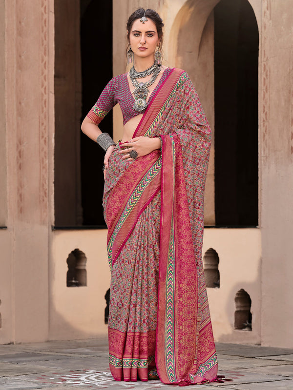 Gorgeous Wine Digital Printed Silk Event Wear Saree With Blouse
