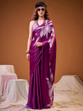 Glorious Purple Floral Printed Satin Party Wear Saree With Blouse
