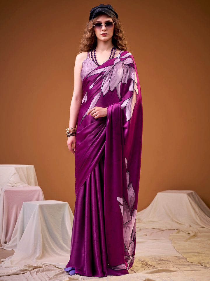 Glorious Purple Floral Printed Satin Party Wear Saree With Blouse