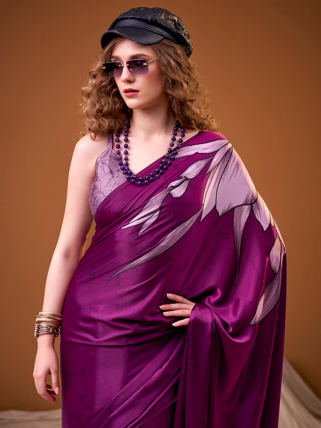 Glorious Purple Floral Printed Satin Party Wear Saree With Blouse