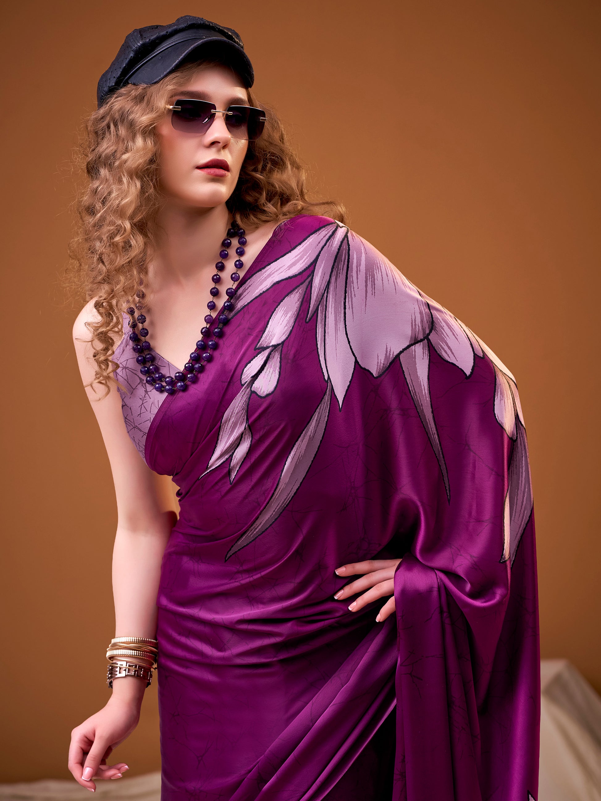 Glorious Purple Floral Printed Satin Party Wear Saree With Blouse