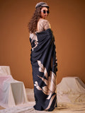 Awesome Black Floral Printed Silk Party Wear Saree With Blouse