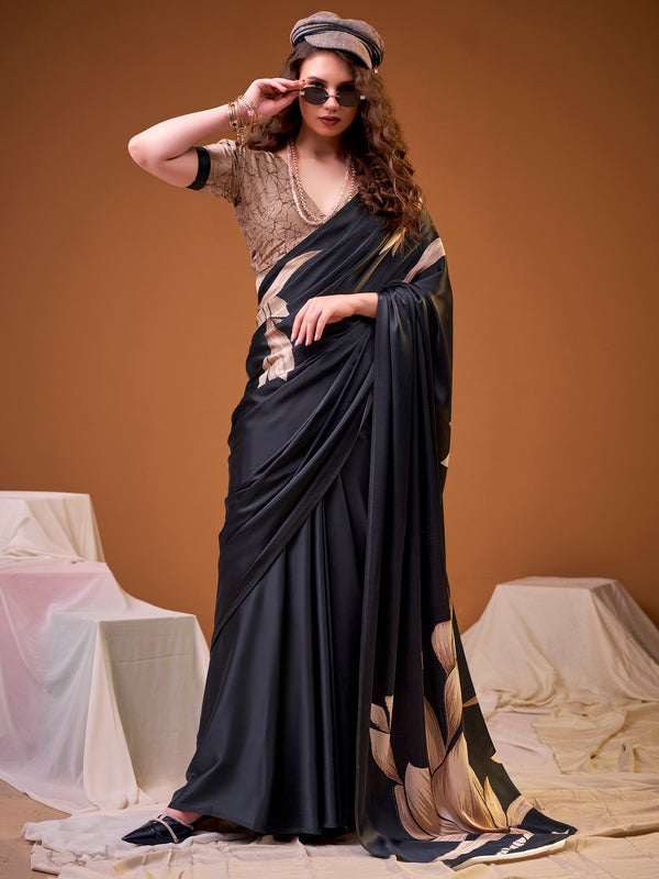 Awesome Black Floral Printed Silk Party Wear Saree With Blouse