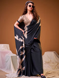 Awesome Black Floral Printed Silk Party Wear Saree With Blouse