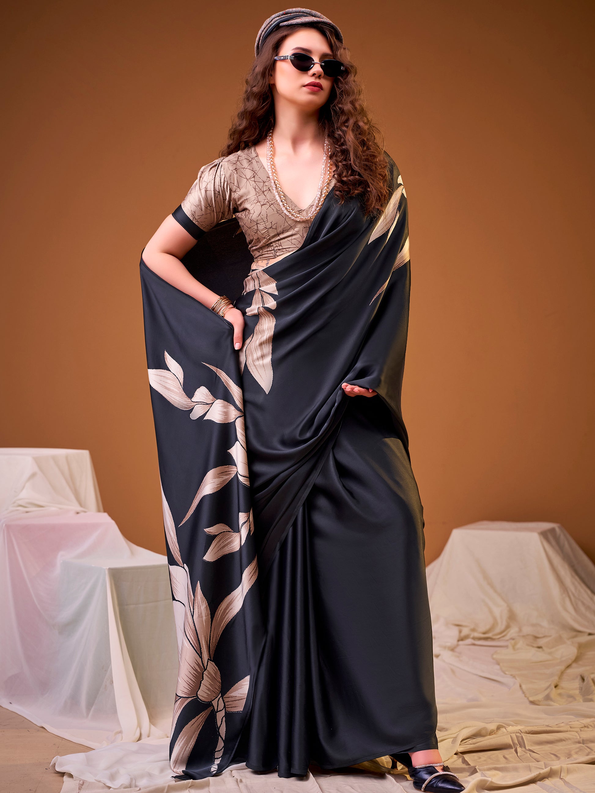 Awesome Black Floral Printed Silk Party Wear Saree With Blouse