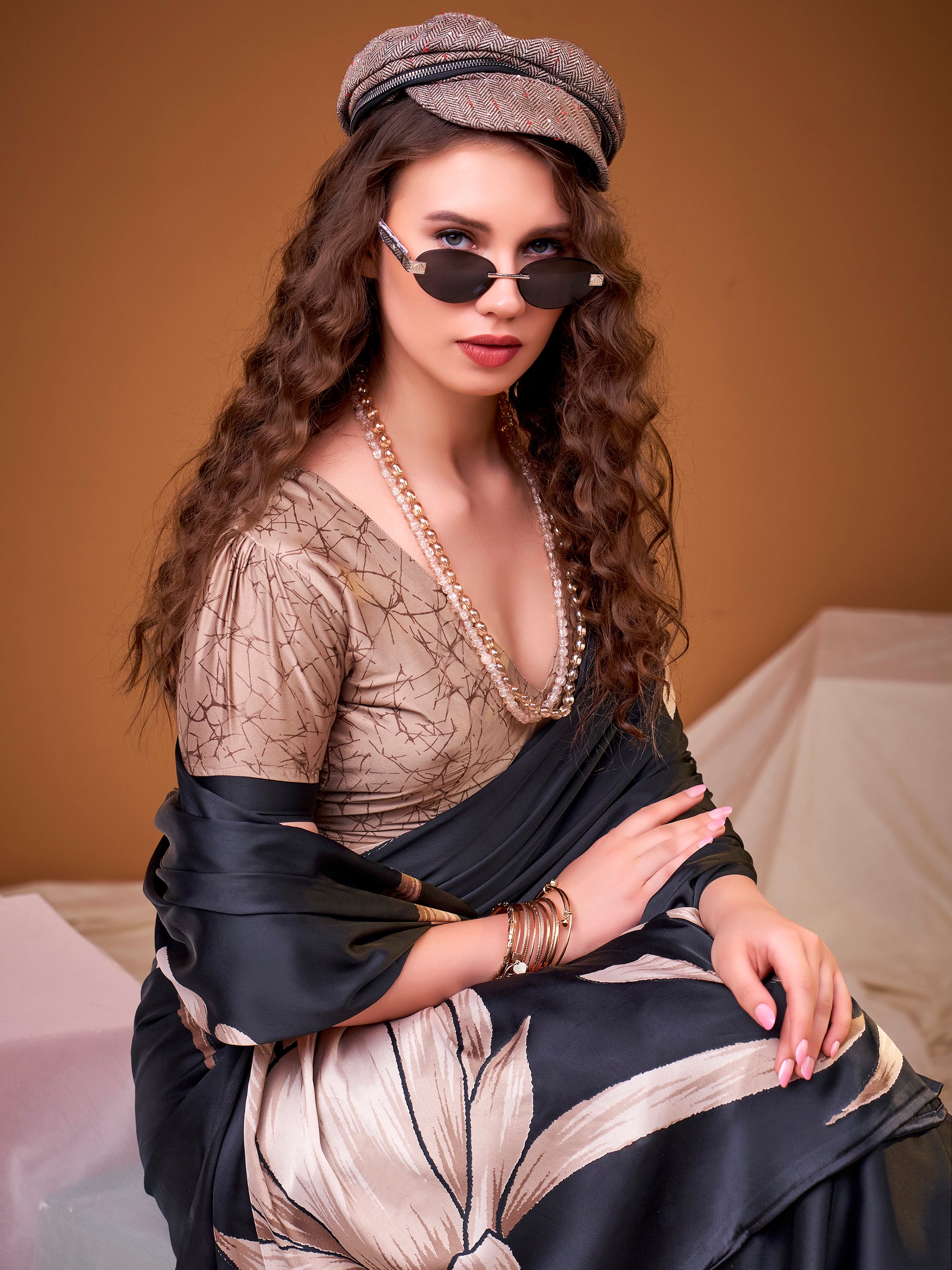 Awesome Black Floral Printed Silk Party Wear Saree With Blouse