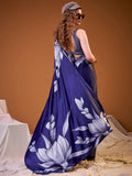 Incredible Navy Blue Floral Printed Satin Event Wear Saree With Blouse