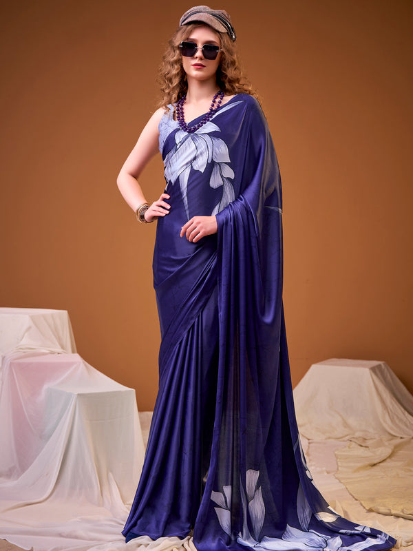 Incredible Navy Blue Floral Printed Satin Event Wear Saree With Blouse