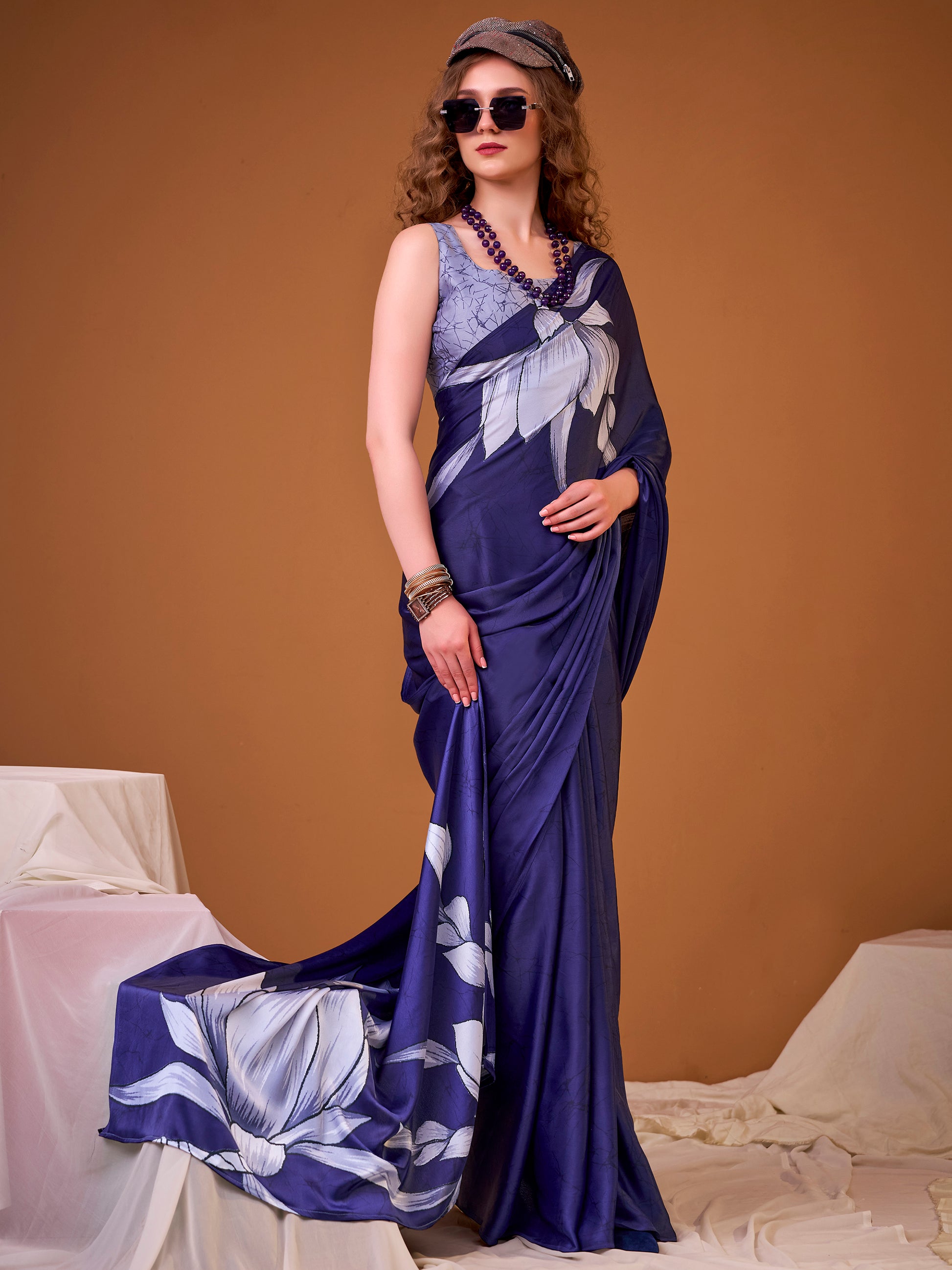 Incredible Navy Blue Floral Printed Satin Event Wear Saree With Blouse